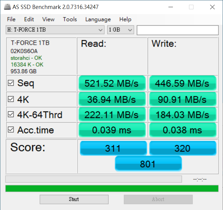 AS SSD 的成績與 CrystalDiskMark 接近，也是突破了 500MB/s。