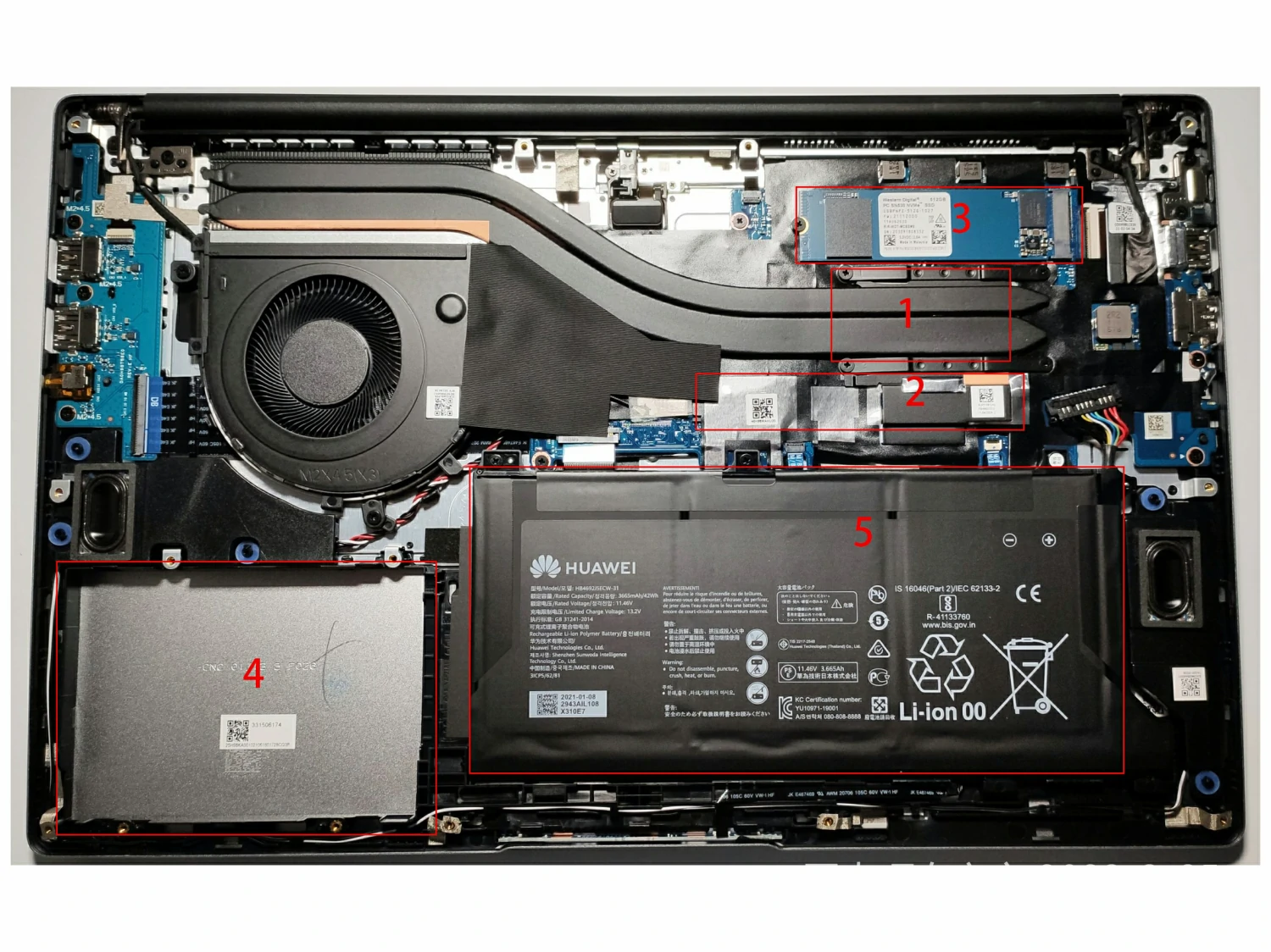 华为 MateBook D 15 (2020, Intel) 机身内部硬件排布