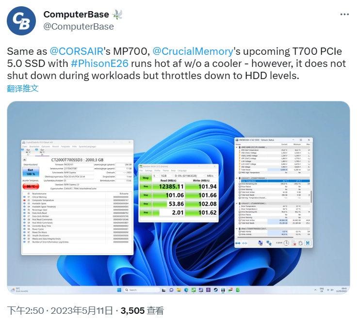 英睿达 T700 PCIE 5.0固态硬盘发热量巨大：不装散热器性能与机械硬盘相当！