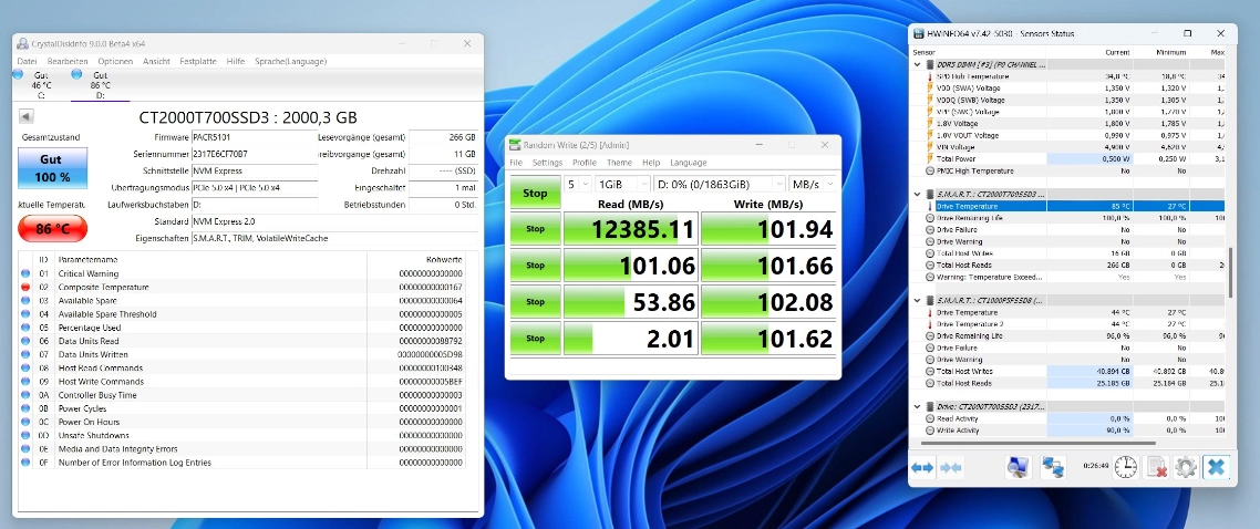 英睿达 T700 PCIE 5.0固态硬盘发热量巨大：不装散热器性能与机械硬盘相当！