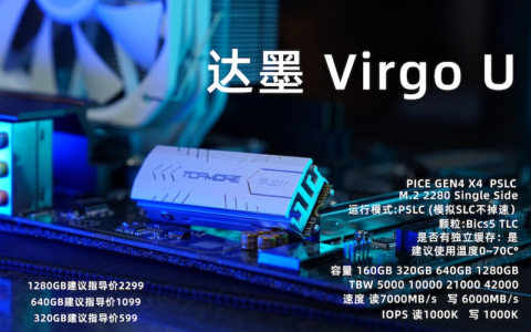 达墨发布预热的Virgo U固态硬盘：1280GB高性能pSLC旗舰，价格仅为2299元！