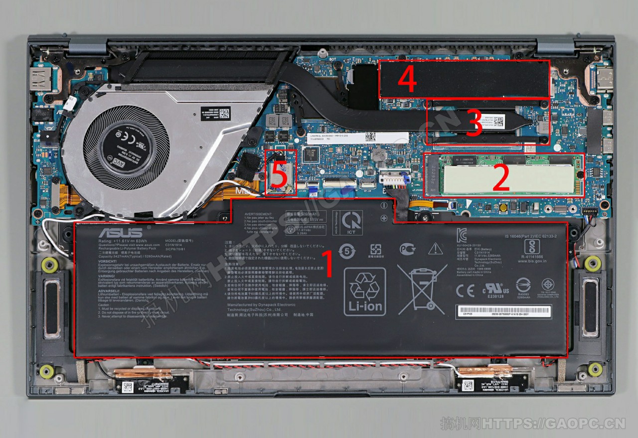 华硕zenbook 14 Ultralight Ux435机身内部硬件排布