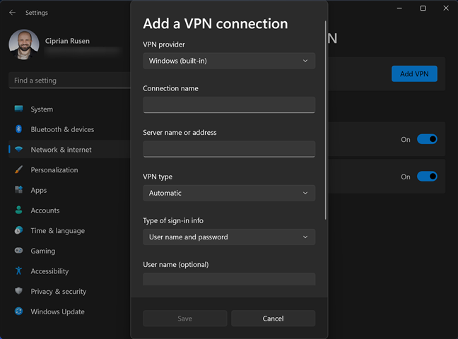 输入 VPN 连接详细信息