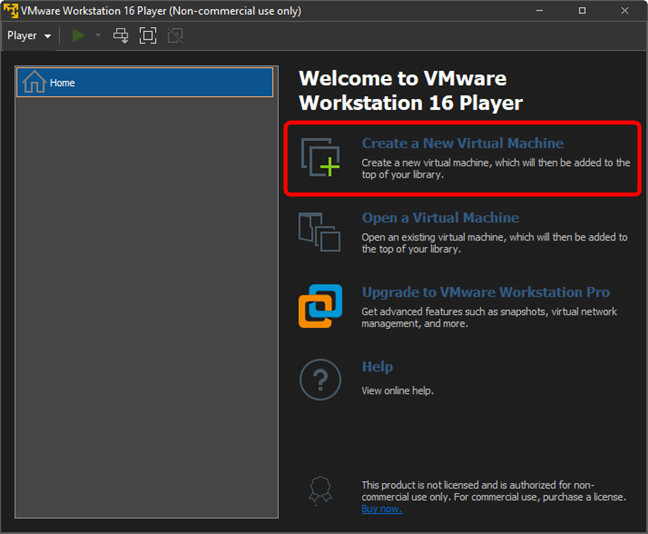 Create a new virtual machine in VMware Workstation Player Free