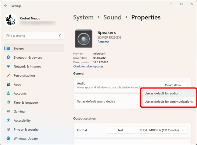 Select the speakers as default for audio and/or communications