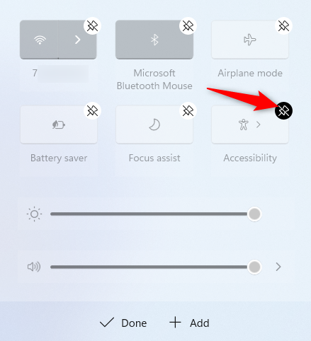 按取消固定图标从 Windows 11 快速设置中删除按钮