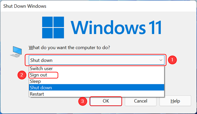 Sign out of Windows 11 using the Shut Down Windows dialog box