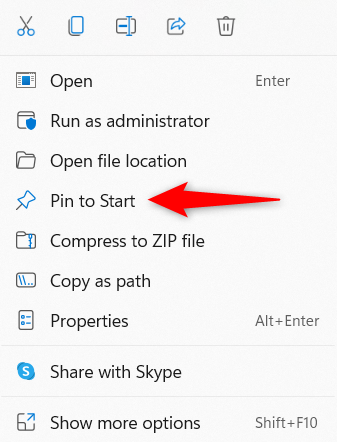 上下文菜单中的 Windows 11 Pin to Start 选项