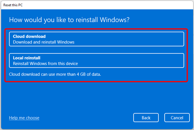 选择云下载或本地重新安装 Windows 11