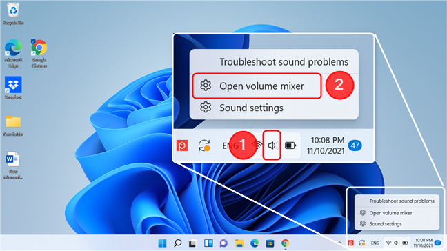 Open the volume mixer from the taskbar