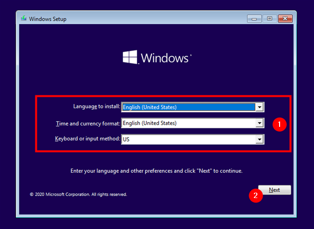 在Windows 10安装程序中选择语言，时间，货币和键盘
