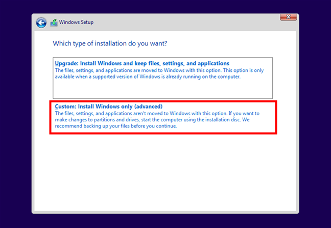 选择执行自定义Windows 10安装