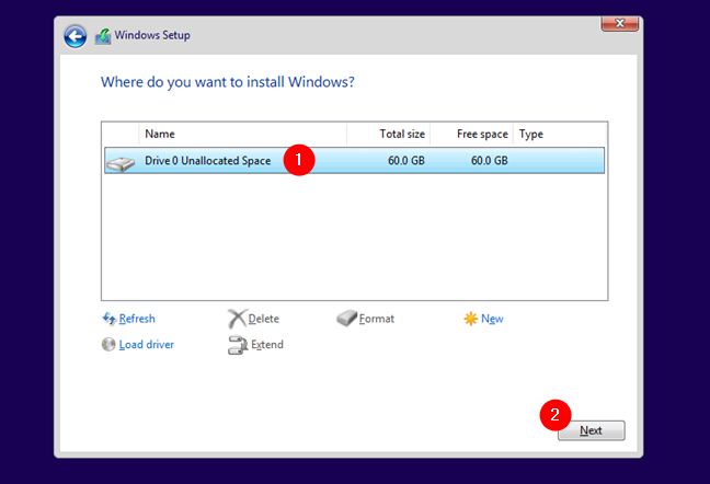 选择安装Windows 10的位置